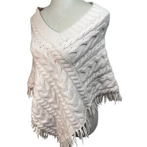 Banana Republic Lambswool Angora Cable Knit Fringe Poncho | XS/S | Soft Pink
